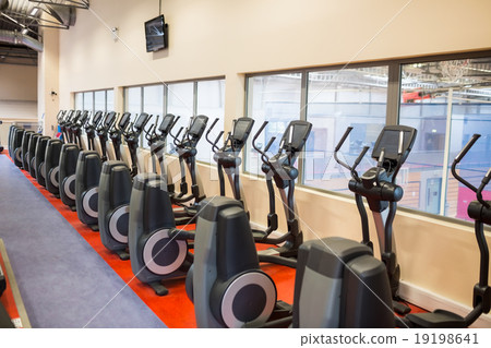 Collection of cross trainer machines in a row Collection of cross trainer machines in a row 19198641