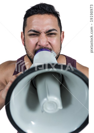 Muscular man yelling through a megaphone Muscular man yelling through a megaphone 19198973