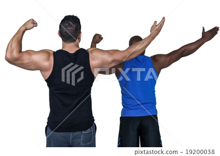 Strong friends posing with arms out Strong friends posing with arms out 19200038
