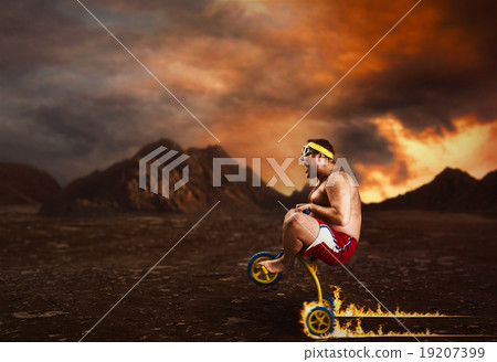 Adult crazy man cycling on child's bicycle 19207399