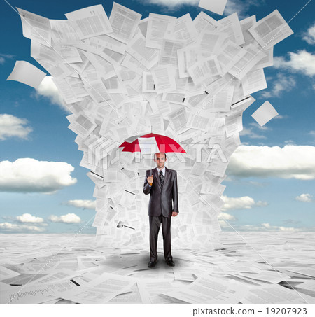 Businessman with red umbrella under huge wave of documents Businessman with red umbrella under huge wave of documents 19207923