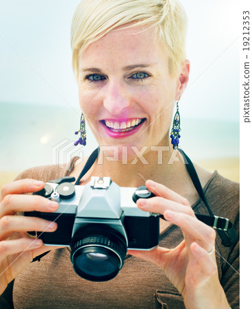 Pretty Photographer Woman Beach Vacation Lifestyle Concept 19212353