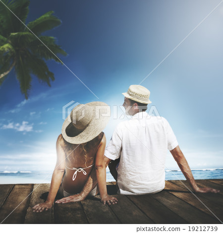 Couple Sitting Wooden Floor Beach Sky Honeymoon Concept Couple Sitting Wooden Floor Beach Sky Honeymoon Concept 19212739