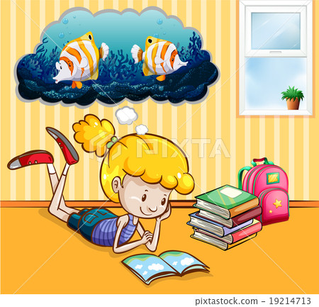 Girl reading books in the room Girl reading books in the room 19214713