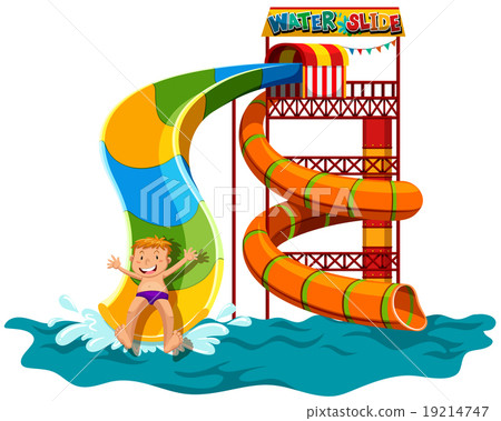 Man sliding down the water slide 19214747