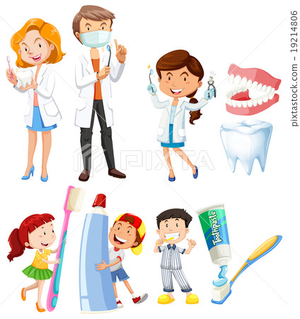 图库插图 dentist and children brushing teeth