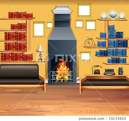 Living room with fireplace and bookshelves Living room with fireplace and bookshelves 19214820