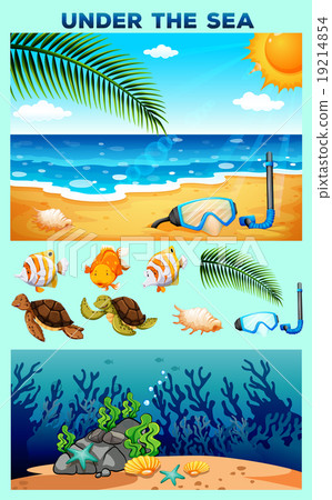 Ocean theme with beach and underwater 19214854