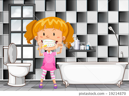Little girl brushing teeth in bathroom 19214870
