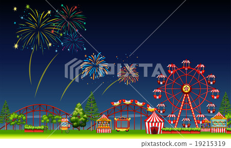 Amusement park scene at night with fireworks - Stock Illustration ...
