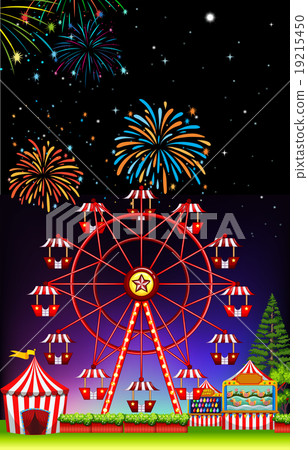 Theme park at night with firework 19215450