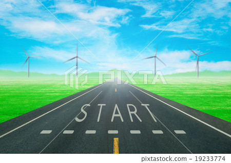 road through the green field with sign start road through the green field with sign start 19233774
