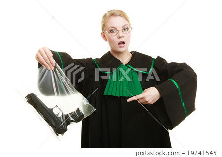 Woman lawyer with gun bag marked evidence for crime. 19241545