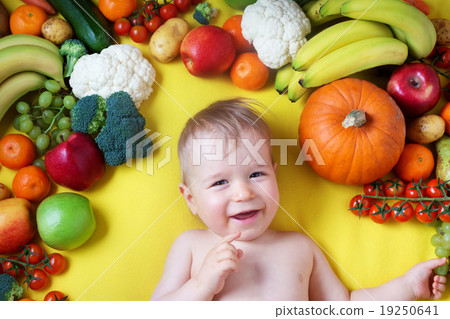 Baby surrounded with fruits and vegetables 19250641