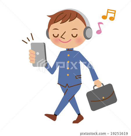 Male junior high school student / high school student (school run) who walks while listening to music on smartphone Male junior high school student / high school student (school run) who walks while listening to music on smartphone 19251619