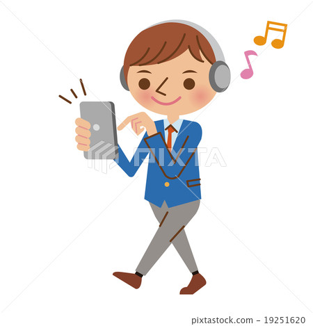 Male junior high school student / high school student (blazer) who walks while listening to music on smartphone Male junior high school student / high school student (blazer) who walks while listening to music on smartphone 19251620