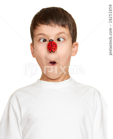 boy with ladybug on face, teenager fun portrait boy with ladybug on face, teenager fun portrait 19251859