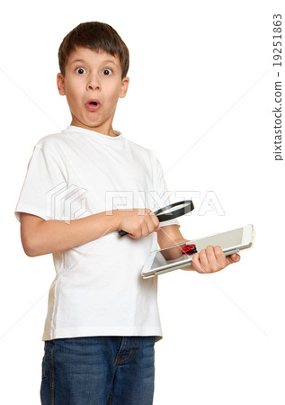 boy with computer tablet found a bug, information security concept boy with computer tablet found a bug, information security concept 19251863