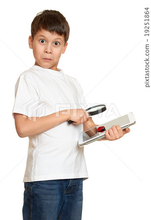 boy with computer tablet found a bug, information security concept boy with computer tablet found a bug, information security concept 19251864