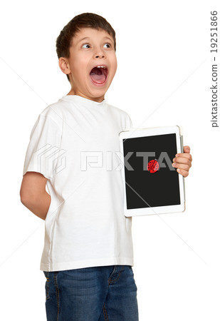 boy with computer tablet found a bug and make alarm sound, information security concept boy with computer tablet found a bug and make alarm sound, information security concept 19251866