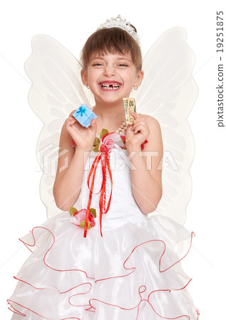 lost tooth child dressed as tooth fairy with gifts and money lost tooth child dressed as tooth fairy with gifts and money 19251875