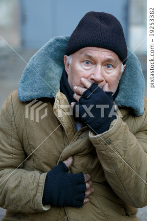 Homeless senior-aged man looks startled an alarmed Homeless senior-aged man looks startled an alarmed 19253382