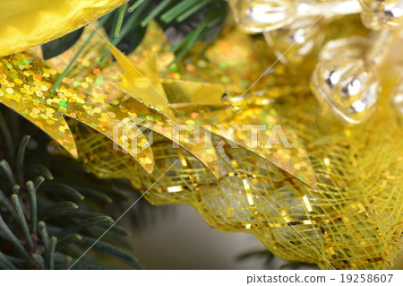 Image of Christmas tree branch and golden material Image of Christmas tree branch and golden material 19258607