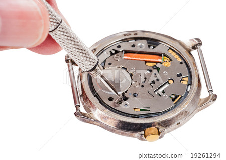 repairer replaces battery in quartz watch isolated 19261294