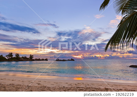 Seychelles tropical beach at sunset 19262219