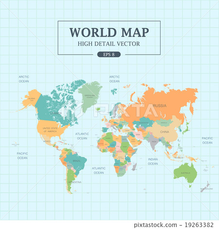 world map full color high detail separated all countries vector