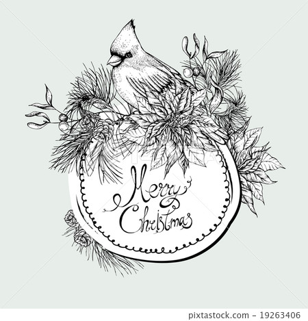 Monochrome Christmas vintage floral greeting card - Stock Illustration ...