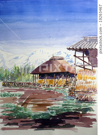 Sketch painting of Shimane Tateyama mountains and private houses Sketch painting of Shimane Tateyama mountains and private houses 19263467
