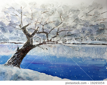 冬天風景水彩繪畫在弘前公園 19265054