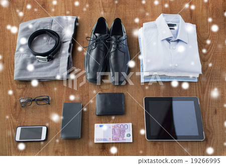 close up of formal clothes and personal stuff close up of formal clothes and personal stuff 19266995