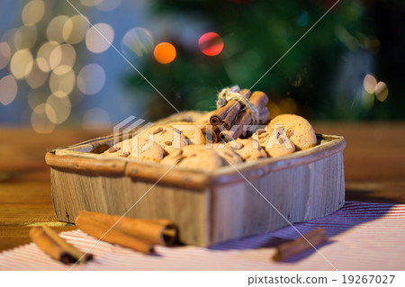 close up of christmas oat cookies on wooden table close up of christmas oat cookies on wooden table 19267027