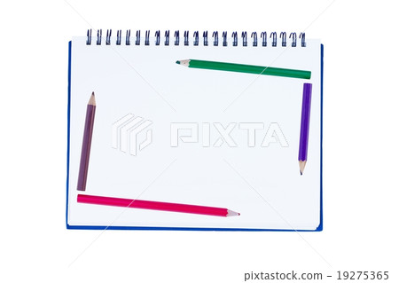 blank notebook with metal spiral and four crayons 19275365
