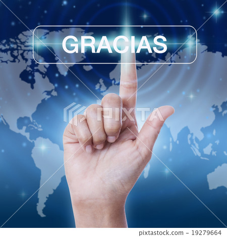 hand pressing gracias word button 19279664