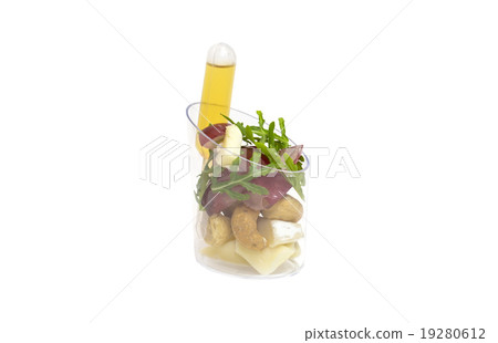 mini canape with meat and vegetables on a white ba 19280612