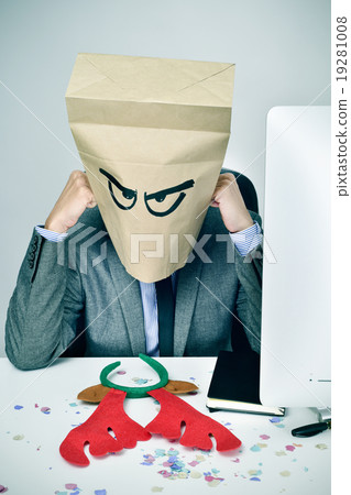 man in office with paper bag in head in christmas man in office with paper bag in head in christmas 19281008