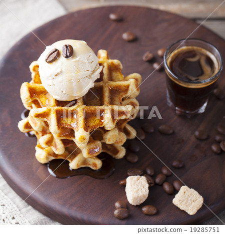 Fresh whole wheat waffles, ice cream, maple syrup 19285751