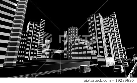 辦公樓城市和車行道單色的夜視圖 辦公樓城市和車行道單色的夜視圖 19289650