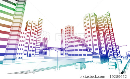 五顏六色的線描辦公樓街道和車行道風景 19289652