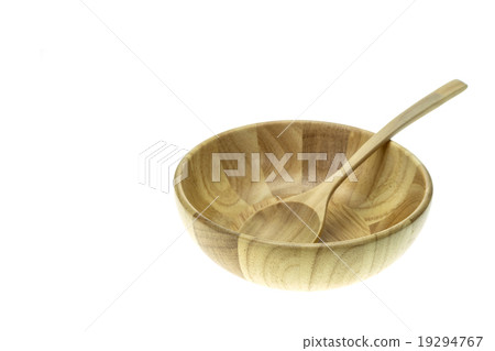 Empty wooden bowl and soup spoon isolated on white background 19294767