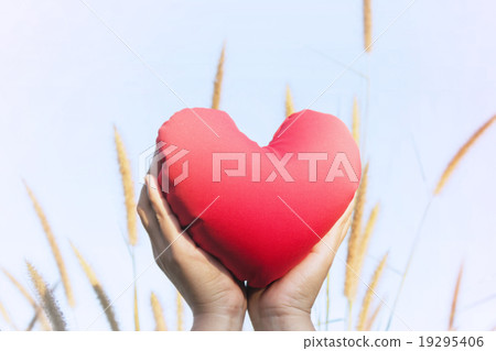 Isolated two hands gently raise and hold red heart with love and respect with background of sky 19295406