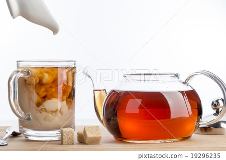 Dissolve milk in a cup of black tea. Dissolve milk in a cup of black tea. 19296235