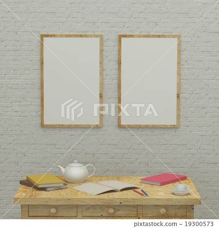 Working kids room interior with frames, books. 3d Working kids room interior with frames, books. 3d 19300573