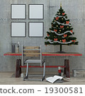 New year loft interior, Christmas tree, 3D render 19300581