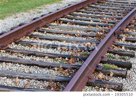 Photo of the rusty railroad and fallen leaves Photo of the rusty railroad and fallen leaves 19305510