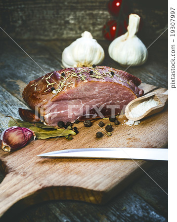 Smoked Pork With Herbs, Spices And Knife. Smoked Pork With Herbs, Spices And Knife. 19307997