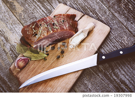 Smoked Pork With Herbs, Spices And Knife. Smoked Pork With Herbs, Spices And Knife. 19307998